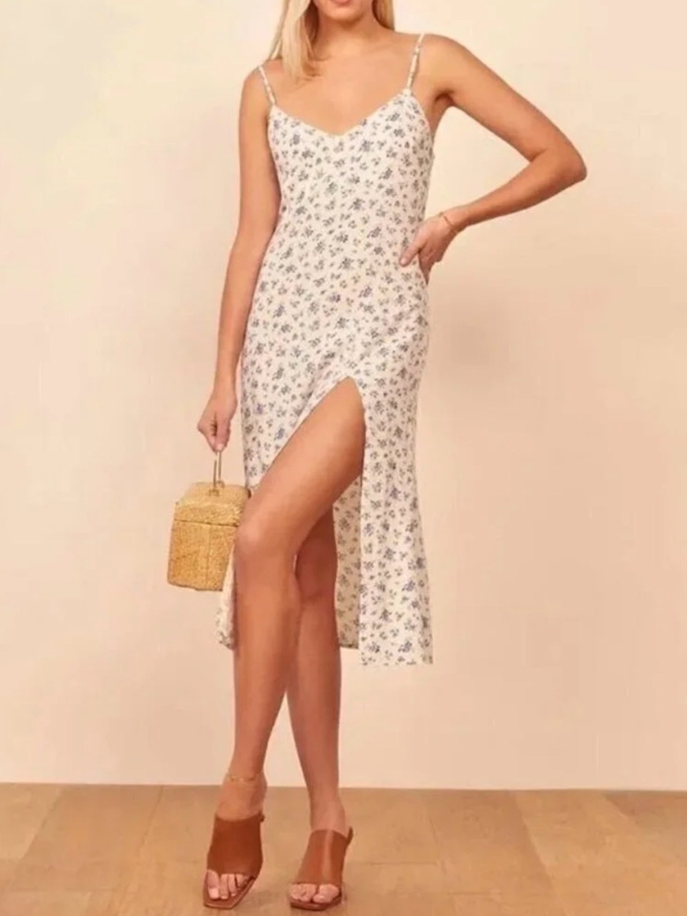 Reformation Crimini Midi Dress with Navy Floral Print